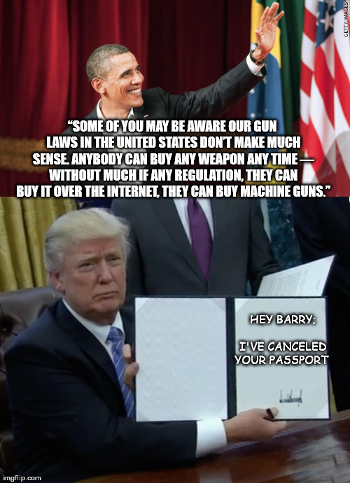 Sweet!!! | “SOME OF YOU MAY BE AWARE OUR GUN LAWS IN THE UNITED STATES DON’T MAKE MUCH SENSE. ANYBODY CAN BUY ANY WEAPON ANY TIME — WITHOUT MUCH IF ANY REGULATION, THEY CAN BUY IT OVER THE INTERNET, THEY CAN BUY MACHINE GUNS.”; HEY BARRY;       
 I'VE CANCELED YOUR PASSPORT | image tagged in memes,trump bill signing,barack obama | made w/ Imgflip meme maker