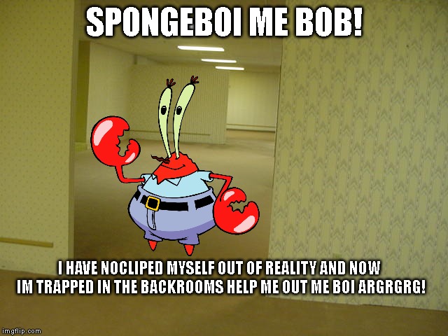 SPONGEBOI ME BOB! I HAVE NOCLIPED MYSELF OUT OF REALITY AND NOW IM TRAPPED IN THE BACKROOMS HELP ME OUT ME BOI ARGRGRG! | image tagged in the backrooms,mr krabs,memes | made w/ Imgflip meme maker