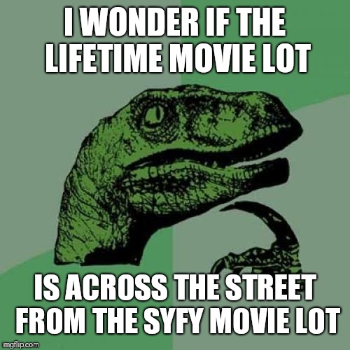A lot of the same actors | I WONDER IF THE LIFETIME MOVIE LOT; IS ACROSS THE STREET FROM THE SYFY MOVIE LOT | image tagged in memes,philosoraptor | made w/ Imgflip meme maker