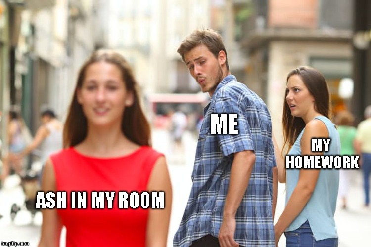 Distracted Boyfriend Meme | ME; MY HOMEWORK; ASH IN MY ROOM | image tagged in memes,distracted boyfriend | made w/ Imgflip meme maker