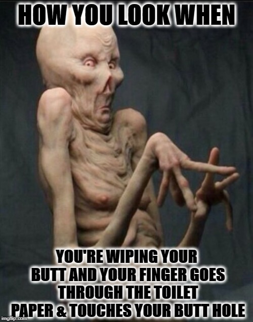 GROSSED OUT ALIEN | HOW YOU LOOK WHEN; YOU'RE WIPING YOUR BUTT AND YOUR FINGER GOES THROUGH THE TOILET PAPER & TOUCHES YOUR BUTT HOLE | image tagged in grossed out alien | made w/ Imgflip meme maker