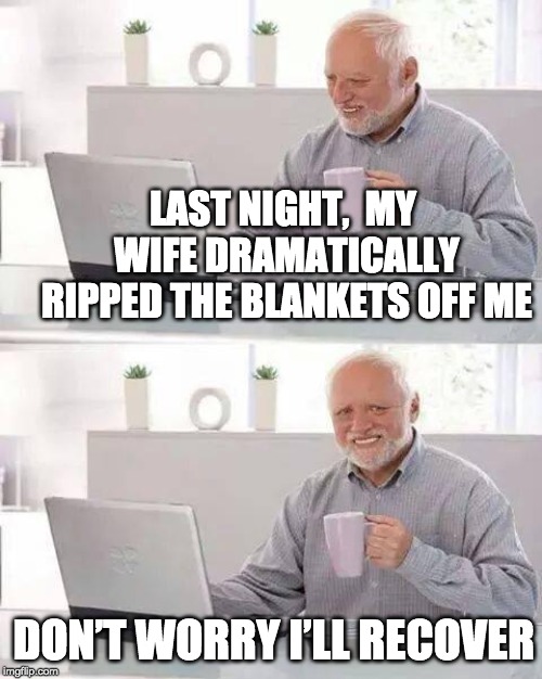Harold is in deep sheet | LAST NIGHT,  MY WIFE DRAMATICALLY RIPPED THE BLANKETS OFF ME; DON’T WORRY I’LL RECOVER | image tagged in memes,hide the pain harold,bed,covers,drama | made w/ Imgflip meme maker