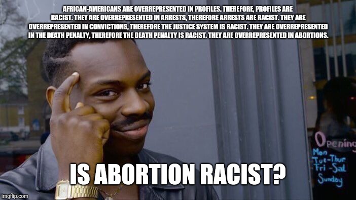 Roll Safe Think About It Meme | AFRICAN-AMERICANS ARE OVERREPRESENTED IN PROFILES. THEREFORE, PROFILES ARE RACIST. THEY ARE OVERREPRESENTED IN ARRESTS, THEREFORE ARRESTS ARE RACIST. THEY ARE OVERREPRESENTED IN CONVICTIONS, THEREFORE THE JUSTICE SYSTEM IS RACIST. THEY ARE OVERREPRESENTED IN THE DEATH PENALTY, THEREFORE THE DEATH PENALTY IS RACIST. THEY ARE OVERREPRESENTED IN ABORTIONS. IS ABORTION RACIST? | image tagged in memes,roll safe think about it | made w/ Imgflip meme maker