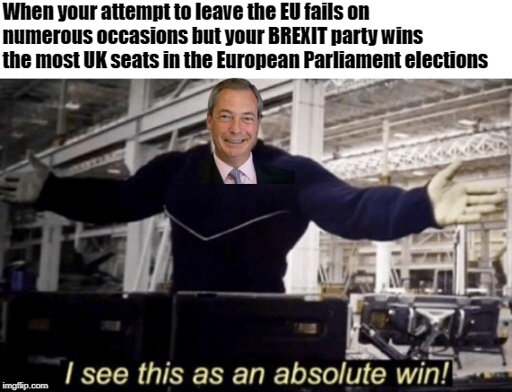 I See This as an Absolute Win! | When your attempt to leave the EU fails on numerous occasions but your BREXIT party wins the most UK seats in the European Parliament elections | image tagged in i see this as an absolute win | made w/ Imgflip meme maker