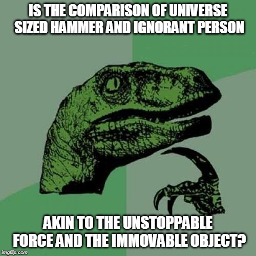 Philosoraptor | IS THE COMPARISON OF UNIVERSE SIZED HAMMER AND IGNORANT PERSON; AKIN TO THE UNSTOPPABLE FORCE AND THE IMMOVABLE OBJECT? | image tagged in memes,philosoraptor | made w/ Imgflip meme maker