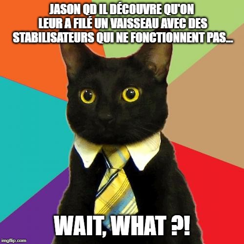 Business Cat Meme | JASON QD IL DÉCOUVRE QU'ON LEUR A FILÉ UN VAISSEAU AVEC DES STABILISATEURS QUI NE FONCTIONNENT PAS... WAIT, WHAT ?! | image tagged in memes,business cat | made w/ Imgflip meme maker