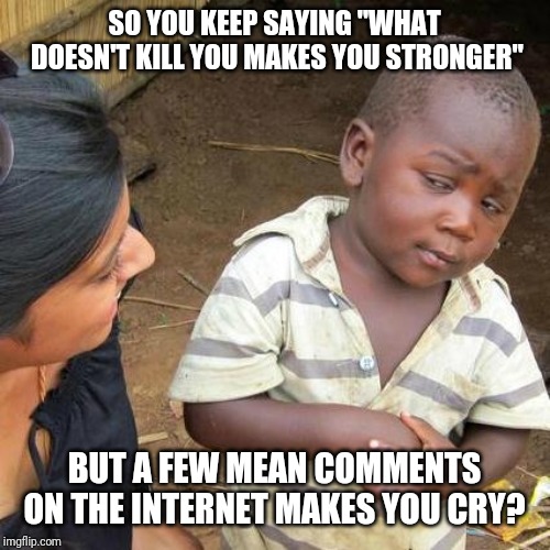 TBH, trolls can teach you to have tougher skin | SO YOU KEEP SAYING "WHAT DOESN'T KILL YOU MAKES YOU STRONGER"; BUT A FEW MEAN COMMENTS ON THE INTERNET MAKES YOU CRY? | image tagged in memes,third world skeptical kid | made w/ Imgflip meme maker