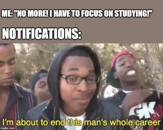 Typical Exam Week | ME: "NO MORE! I HAVE TO FOCUS ON STUDYING!"; NOTIFICATIONS: | image tagged in im about to end this mans whole career | made w/ Imgflip meme maker