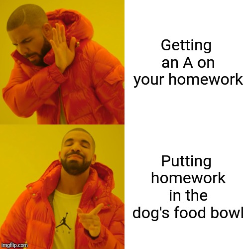 Drake Hotline Bling | Getting an A on your homework; Putting homework in the dog's food bowl | image tagged in memes,drake hotline bling | made w/ Imgflip meme maker