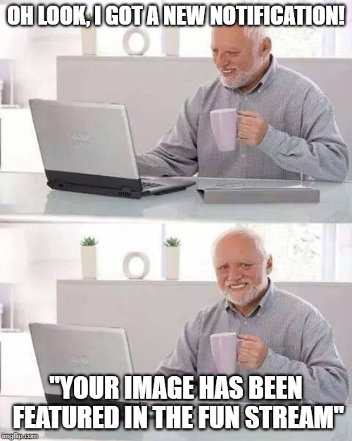 Yeah, that's a thing. | OH LOOK, I GOT A NEW NOTIFICATION! "YOUR IMAGE HAS BEEN FEATURED IN THE FUN STREAM" | image tagged in memes,hide the pain harold,notifications,stop reading the tags,seriously stop it | made w/ Imgflip meme maker