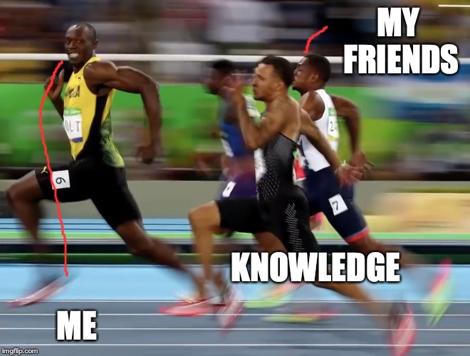ulsain bolt | MY FRIENDS; KNOWLEDGE; ME | image tagged in ulsain bolt | made w/ Imgflip meme maker