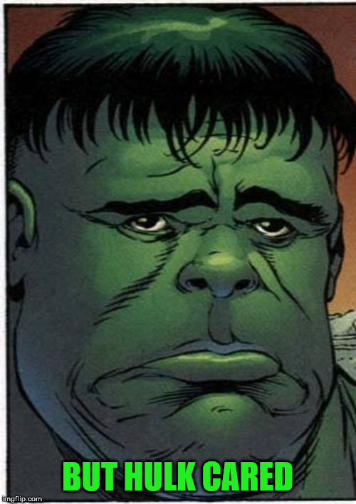 Hulk Sad | BUT HULK CARED | image tagged in hulk sad | made w/ Imgflip meme maker
