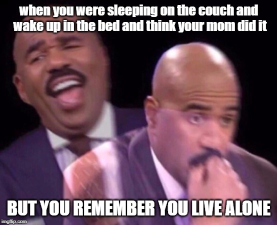 Steve Harvey Laughing Serious | when you were sleeping on the couch and wake up in the bed and think your mom did it; BUT YOU REMEMBER YOU LIVE ALONE | image tagged in steve harvey laughing serious | made w/ Imgflip meme maker