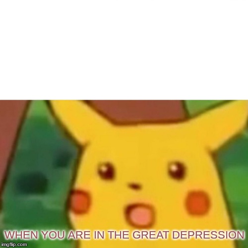 Surprised Pikachu | WHEN YOU ARE IN THE GREAT DEPRESSION | image tagged in memes,surprised pikachu | made w/ Imgflip meme maker
