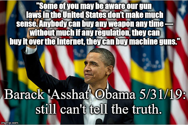 Maybe He'll Move... | "Some of you may be aware our gun laws in the United States don’t make much sense. Anybody can buy any weapon any time — without much if any regulation, they can buy it over the Internet, they can buy machine guns."; Barack 'Asshat' Obama 5/31/19: 
still can't tell the truth. | image tagged in barack obama,2nd amendment,retarded obama | made w/ Imgflip meme maker