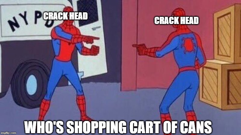 spiderman pointing at spiderman | CRACK HEAD; CRACK HEAD; WHO'S SHOPPING CART OF CANS | image tagged in spiderman pointing at spiderman | made w/ Imgflip meme maker