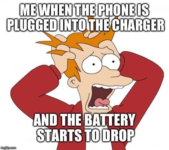 Your heart il' skip a beat for sure | ME WHEN THE PHONE IS PLUGGED INTO THE CHARGER; AND THE BATTERY STARTS TO DROP | image tagged in panic | made w/ Imgflip meme maker