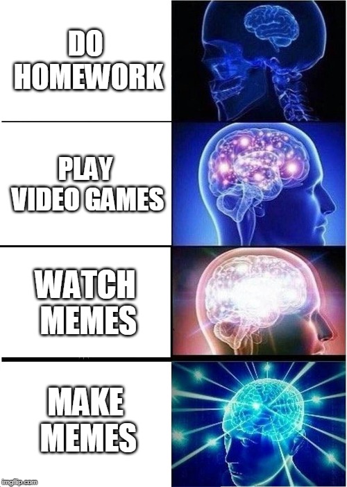 Expanding Brain Meme | DO HOMEWORK; PLAY VIDEO GAMES; WATCH MEMES; MAKE MEMES | image tagged in memes,expanding brain,video games,videogames,homework | made w/ Imgflip meme maker