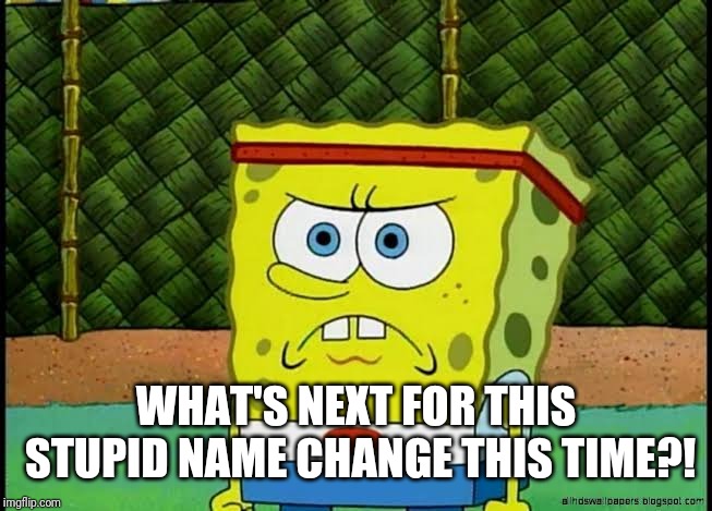 Angry political SpongeBob | WHAT'S NEXT FOR THIS STUPID NAME CHANGE THIS TIME?! | image tagged in angry political spongebob | made w/ Imgflip meme maker
