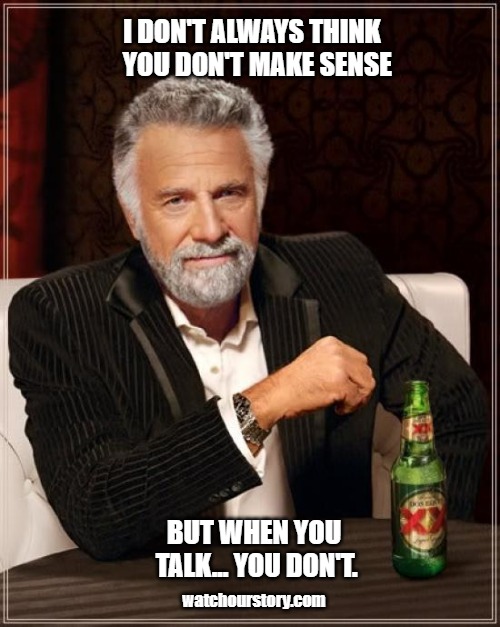 The Most Interesting Man In The World | I DON'T ALWAYS THINK 
YOU DON'T MAKE SENSE; BUT WHEN YOU TALK... YOU DON'T. watchourstory.com | image tagged in memes,the most interesting man in the world | made w/ Imgflip meme maker