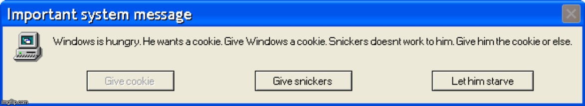 System message | image tagged in error message,error,windows xp,snickers,memes,windows | made w/ Imgflip meme maker