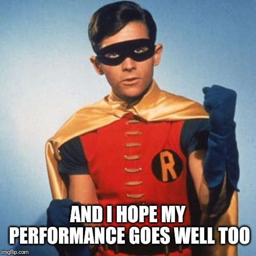 Robin | AND I HOPE MY PERFORMANCE GOES WELL TOO | image tagged in robin | made w/ Imgflip meme maker