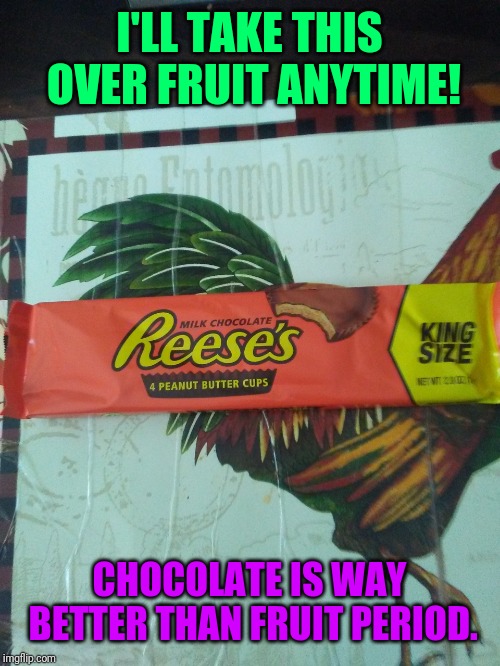 Chocolate | I'LL TAKE THIS OVER FRUIT ANYTIME! CHOCOLATE IS WAY BETTER THAN FRUIT PERIOD. | image tagged in reese's | made w/ Imgflip meme maker