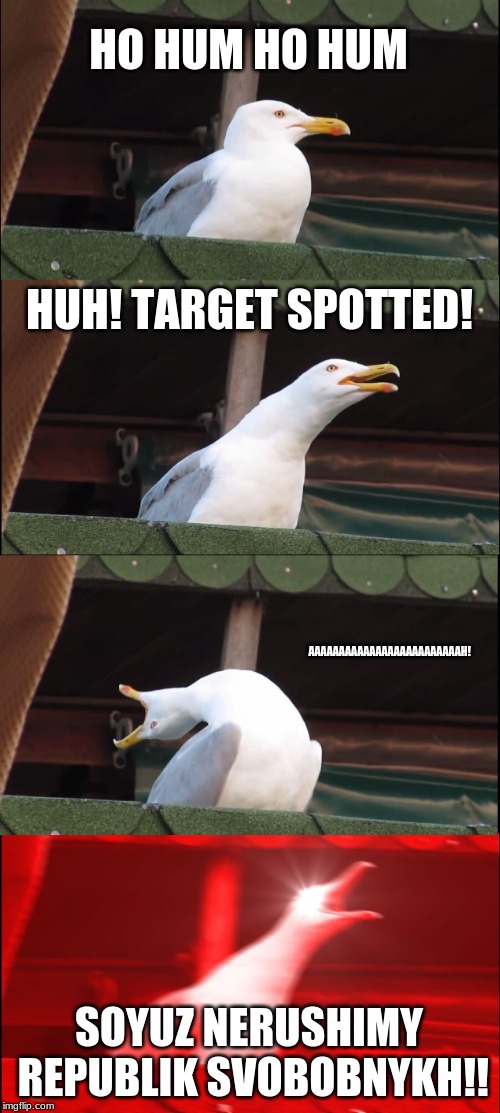 Inhaling Seagull | HO HUM HO HUM; HUH! TARGET SPOTTED! AAAAAAAAAAAAAAAAAAAAAAAAAH! SOYUZ NERUSHIMY REPUBLIK SVOBOBNYKH!! | image tagged in memes,inhaling seagull | made w/ Imgflip meme maker