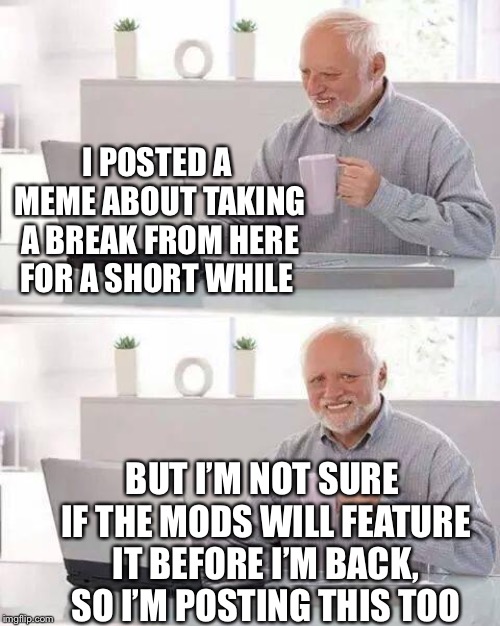 After almost 6 moths of posting daily I felt I should post this. | I POSTED A MEME ABOUT TAKING A BREAK FROM HERE FOR A SHORT WHILE; BUT I’M NOT SURE IF THE MODS WILL FEATURE IT BEFORE I’M BACK, SO I’M POSTING THIS TOO | image tagged in hide the pain harold,lordcheesus,short,break,thank you,imgflip users | made w/ Imgflip meme maker