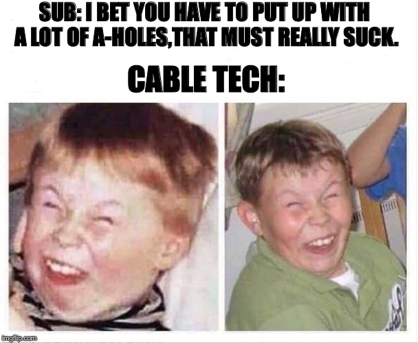 SUB: I BET YOU HAVE TO PUT UP WITH A LOT OF A-HOLES,THAT MUST REALLY SUCK. CABLE TECH: | image tagged in cablegods,customer service | made w/ Imgflip meme maker