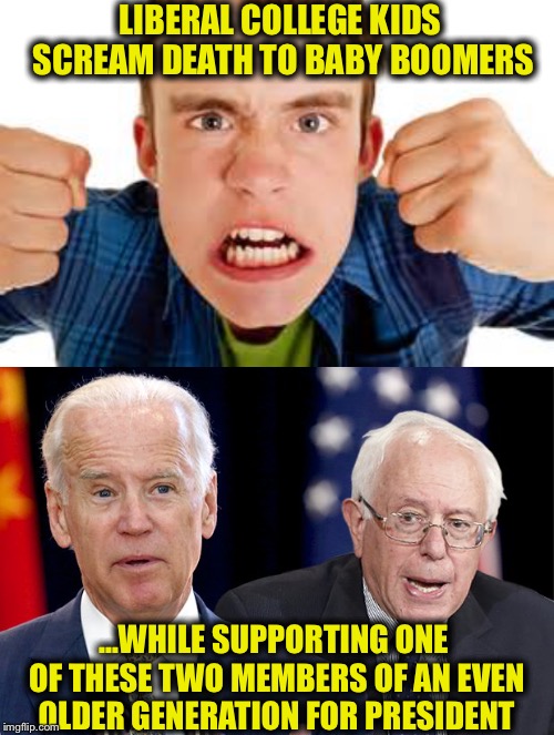 Vile Hypocrisy at its finest | LIBERAL COLLEGE KIDS SCREAM DEATH TO BABY BOOMERS; ...WHILE SUPPORTING ONE OF THESE TWO MEMBERS OF AN EVEN OLDER GENERATION FOR PRESIDENT | image tagged in joe biden,bernie sanders,liberal logic,liberal hypocrisy,college liberal | made w/ Imgflip meme maker