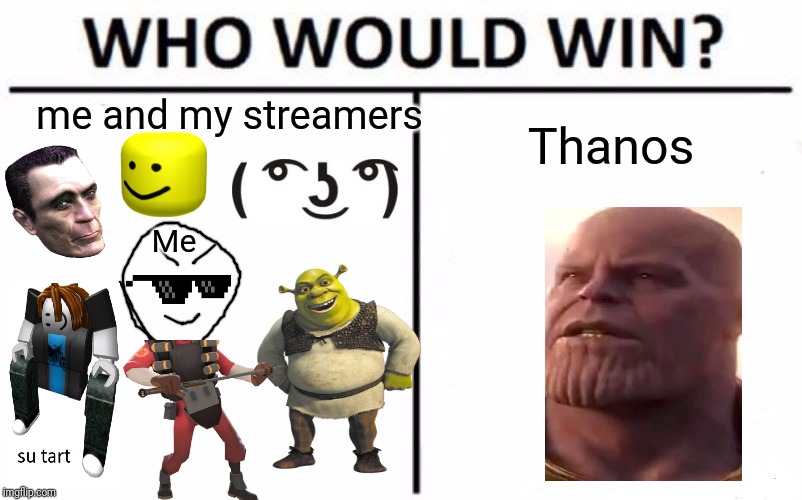 Who Would Win? | me and my streamers; Thanos; Me | image tagged in memes,who would win | made w/ Imgflip meme maker