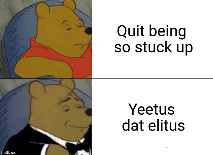 Yeet! | Quit being so stuck up; Yeetus dat elitus | image tagged in memes,tuxedo winnie the pooh,yeet,funny | made w/ Imgflip meme maker