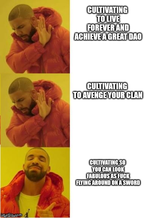 drake no no yes | CULTIVATING TO LIVE FOREVER AND ACHIEVE A GREAT DAO; CULTIVATING TO AVENGE YOUR CLAN; CULTIVATING SO YOU CAN LOOK FABULOUS AS FUCK FLYING AROUND ON A SWORD | image tagged in drake no no yes,noveltranslations | made w/ Imgflip meme maker