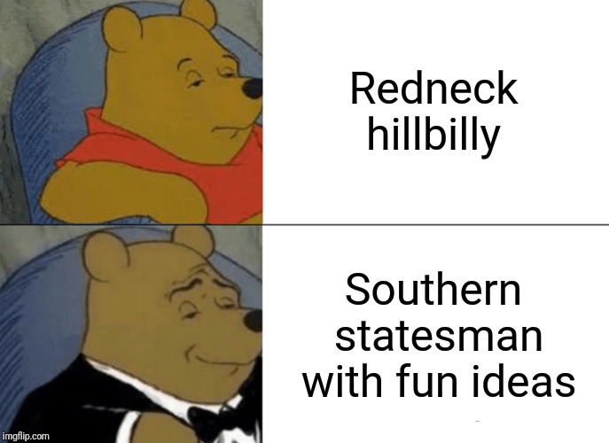 Tuxedo Winnie The Pooh | Redneck hillbilly; Southern statesman with fun ideas | image tagged in memes,tuxedo winnie the pooh | made w/ Imgflip meme maker