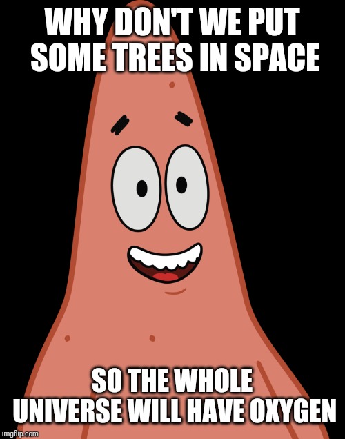 WHY DON'T WE PUT SOME TREES IN SPACE; SO THE WHOLE UNIVERSE WILL HAVE OXYGEN | image tagged in patrick star,patrick says | made w/ Imgflip meme maker