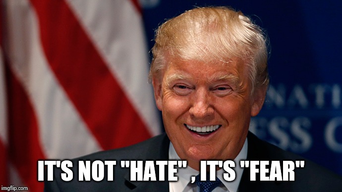 Laughing Donald Trump | IT'S NOT "HATE" , IT'S "FEAR" | image tagged in laughing donald trump | made w/ Imgflip meme maker