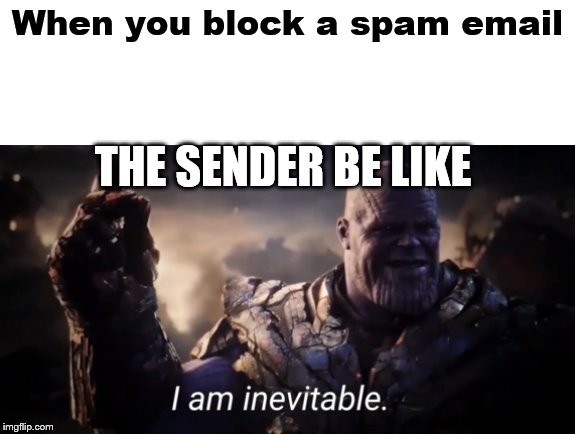 I am inevitable | When you block a spam email; THE SENDER BE LIKE | image tagged in i am inevitable | made w/ Imgflip meme maker