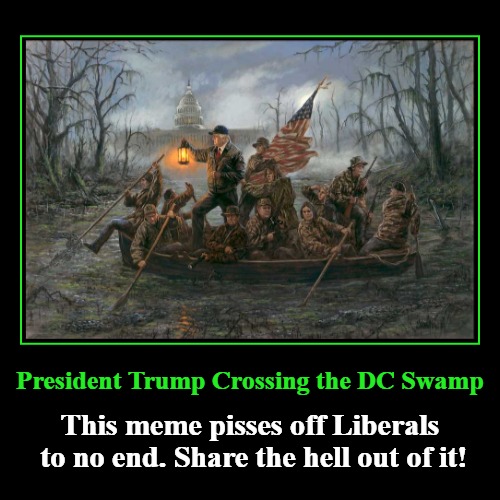 President Trump Crossing the DC Swamp | image tagged in demotivationals,drain the swamp trump,drain the swamp,annoy a liberal,dc swamp,piss off a liberal today | made w/ Imgflip demotivational maker