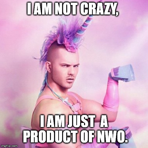 Unicorn MAN | I AM NOT CRAZY, I AM JUST  A PRODUCT OF NWO. | image tagged in memes,unicorn man | made w/ Imgflip meme maker