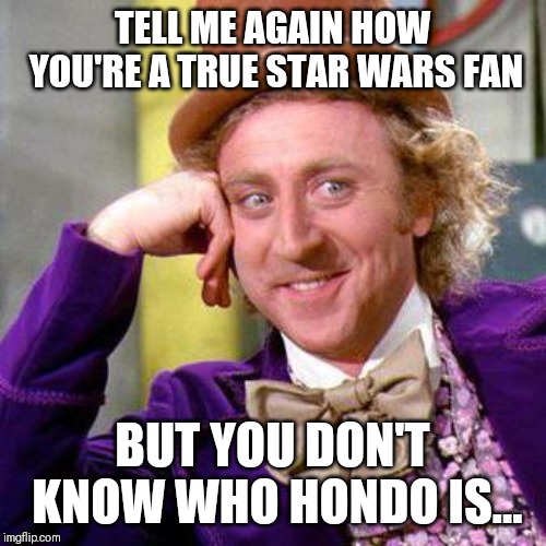 Willy Wonka Blank | TELL ME AGAIN HOW YOU'RE A TRUE STAR WARS FAN; BUT YOU DON'T KNOW WHO HONDO IS... | image tagged in willy wonka blank | made w/ Imgflip meme maker