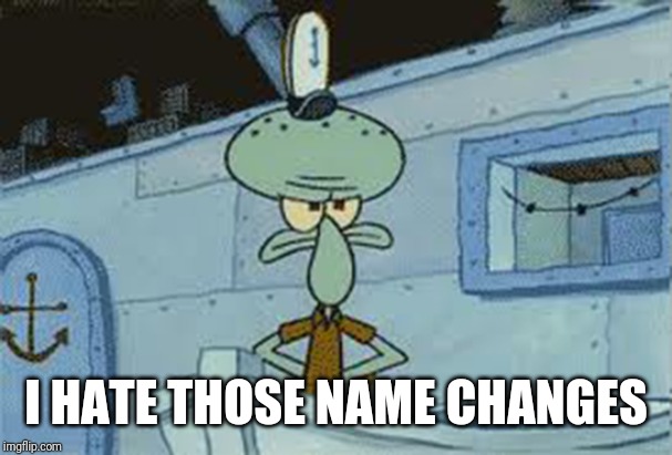 squidward angry spongebob | I HATE THOSE NAME CHANGES | image tagged in squidward angry spongebob | made w/ Imgflip meme maker