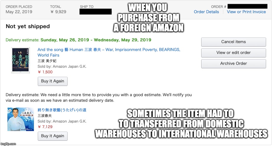 No Delivery Estimate | WHEN YOU PURCHASE FROM A FOREIGN AMAZON; SOMETIMES THE ITEM HAD TO TO TRANSFERRED FROM DOMESTIC WAREHOUSES TO INTERNATIONAL WAREHOUSES | image tagged in amazon,memes | made w/ Imgflip meme maker