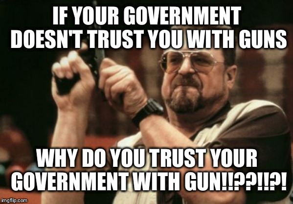 Am I The Only One Around Here | IF YOUR GOVERNMENT DOESN'T TRUST YOU WITH GUNS; WHY DO YOU TRUST YOUR GOVERNMENT WITH GUN!!??!!?! | image tagged in memes,am i the only one around here | made w/ Imgflip meme maker