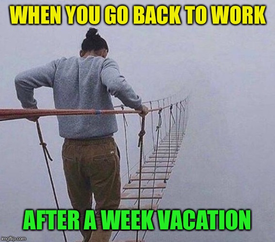 Into the unknown |  WHEN YOU GO BACK TO WORK; AFTER A WEEK VACATION | image tagged in work,after,vacation,unknown,fog,so true memes | made w/ Imgflip meme maker
