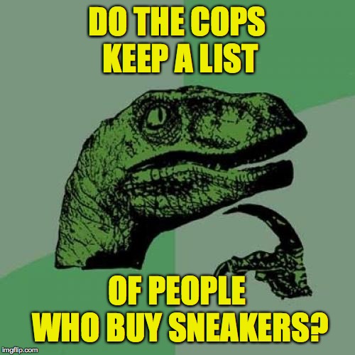Philosoraptor Meme | DO THE COPS KEEP A LIST OF PEOPLE WHO BUY SNEAKERS? | image tagged in memes,philosoraptor | made w/ Imgflip meme maker