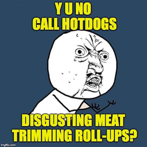 Y U No Meme | Y U NO CALL HOTDOGS DISGUSTING MEAT TRIMMING ROLL-UPS? | image tagged in memes,y u no | made w/ Imgflip meme maker