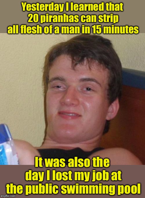 10 Guy Meme | Yesterday I learned that 20 piranhas can strip all flesh of a man in 15 minutes; It was also the day I lost my job at the public swimming pool | image tagged in memes,10 guy | made w/ Imgflip meme maker