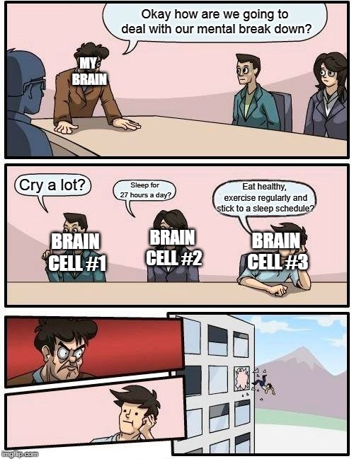 Boardroom Meeting Suggestion Meme | Okay how are we going to deal with our mental break down? MY BRAIN; Cry a lot? Sleep for 27 hours a day? Eat healthy, exercise regularly and stick to a sleep schedule? BRAIN CELL #2; BRAIN CELL #3; BRAIN CELL #1 | image tagged in memes,boardroom meeting suggestion | made w/ Imgflip meme maker