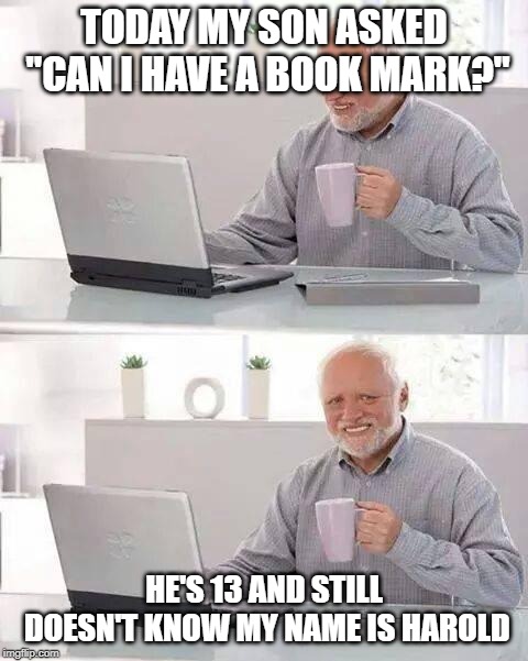 Hide the Pain Harold | TODAY MY SON ASKED "CAN I HAVE A BOOK MARK?"; HE'S 13 AND STILL DOESN'T KNOW MY NAME IS HAROLD | image tagged in memes,hide the pain harold | made w/ Imgflip meme maker